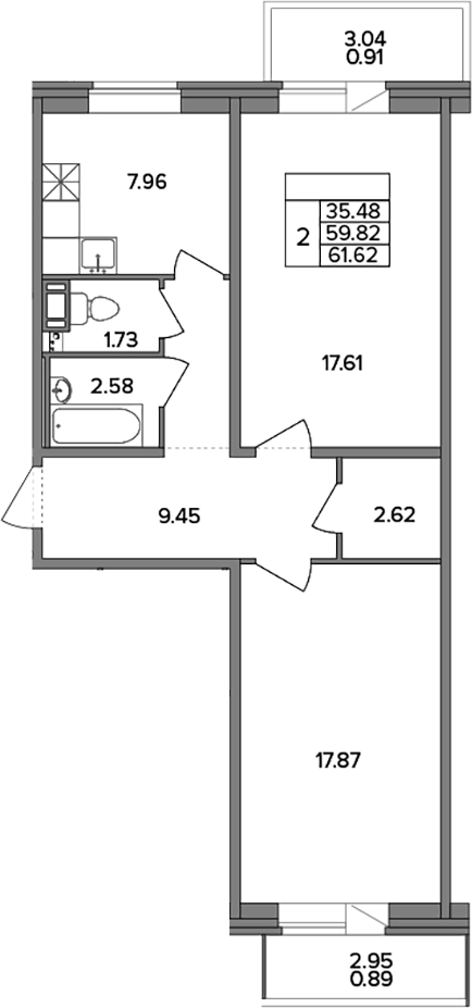 Планировка — Смарт, 2-комн., 60 м²