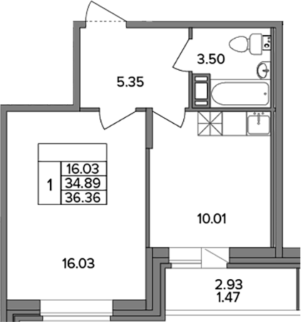 Планировка — Смарт, 1-комн., 35 м²