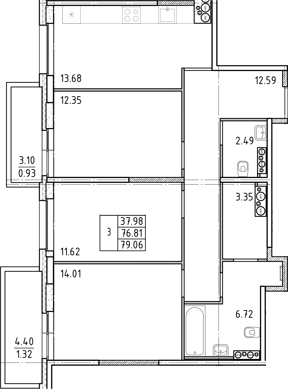 Планировка — Friends, 3-комн., 77 м²