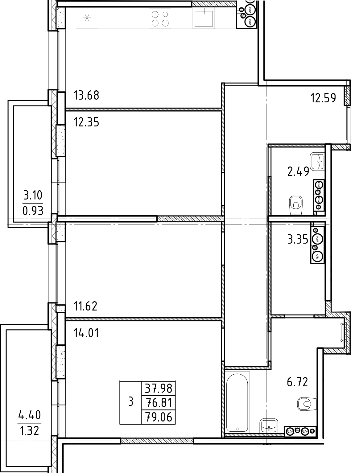 Планировка — Friends, 3-комн., 77 м²