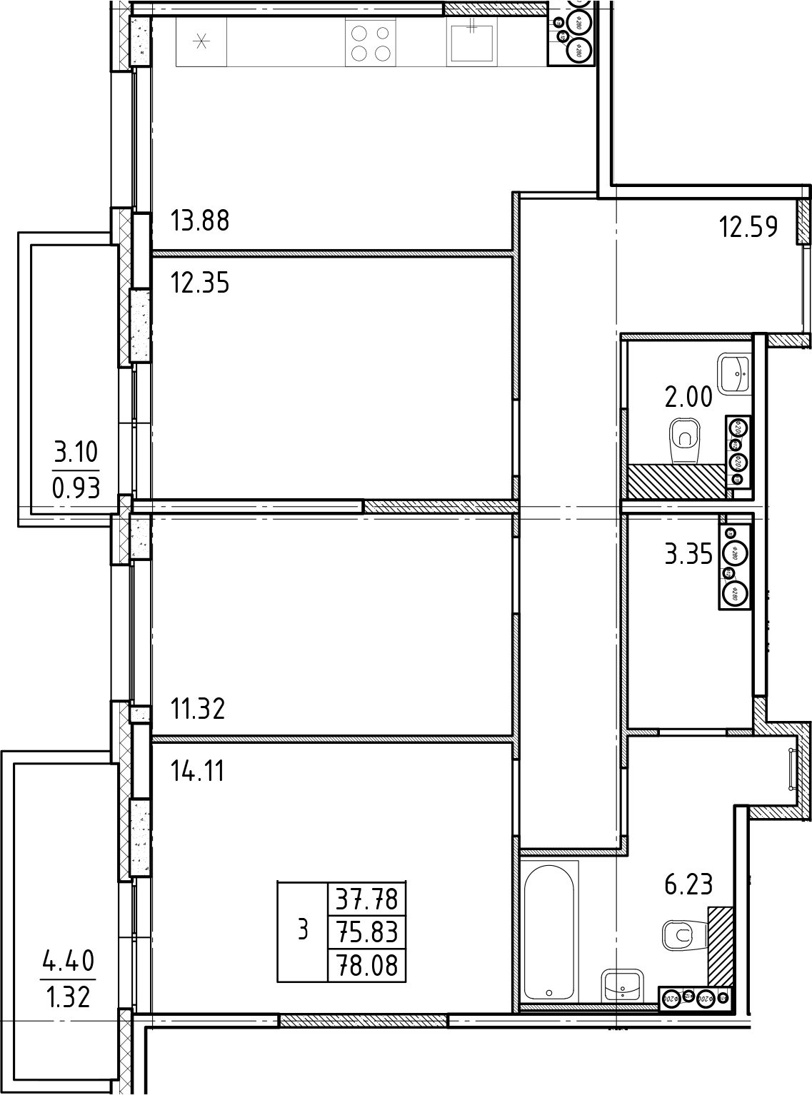 Планировка — Friends, 3-комн., 76 м²