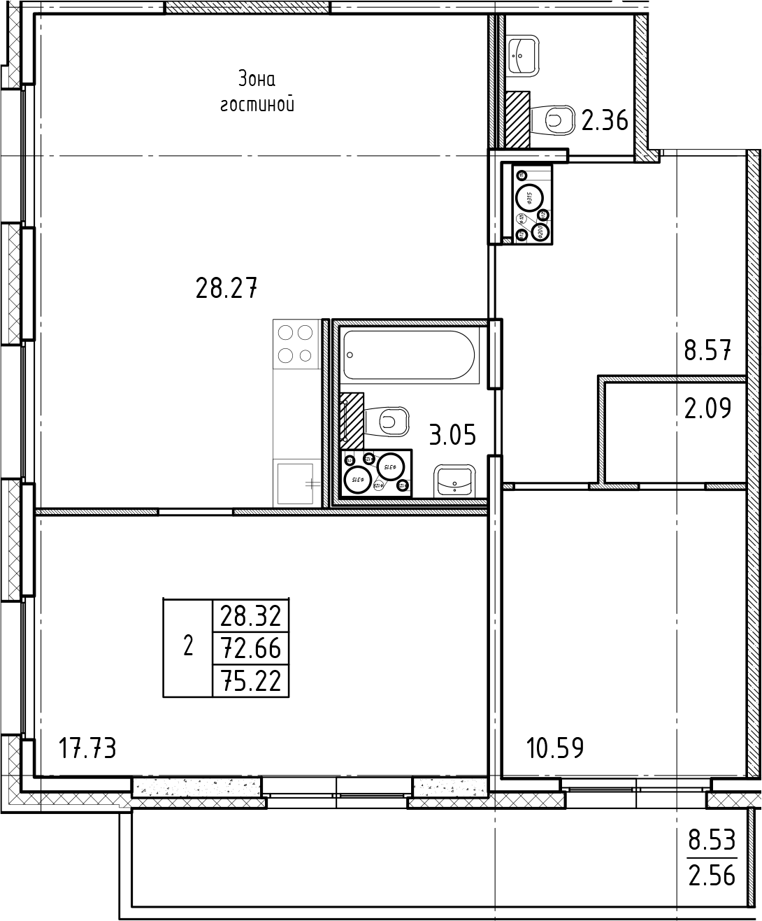 Планировка — Friends, 3-комн., 73 м²