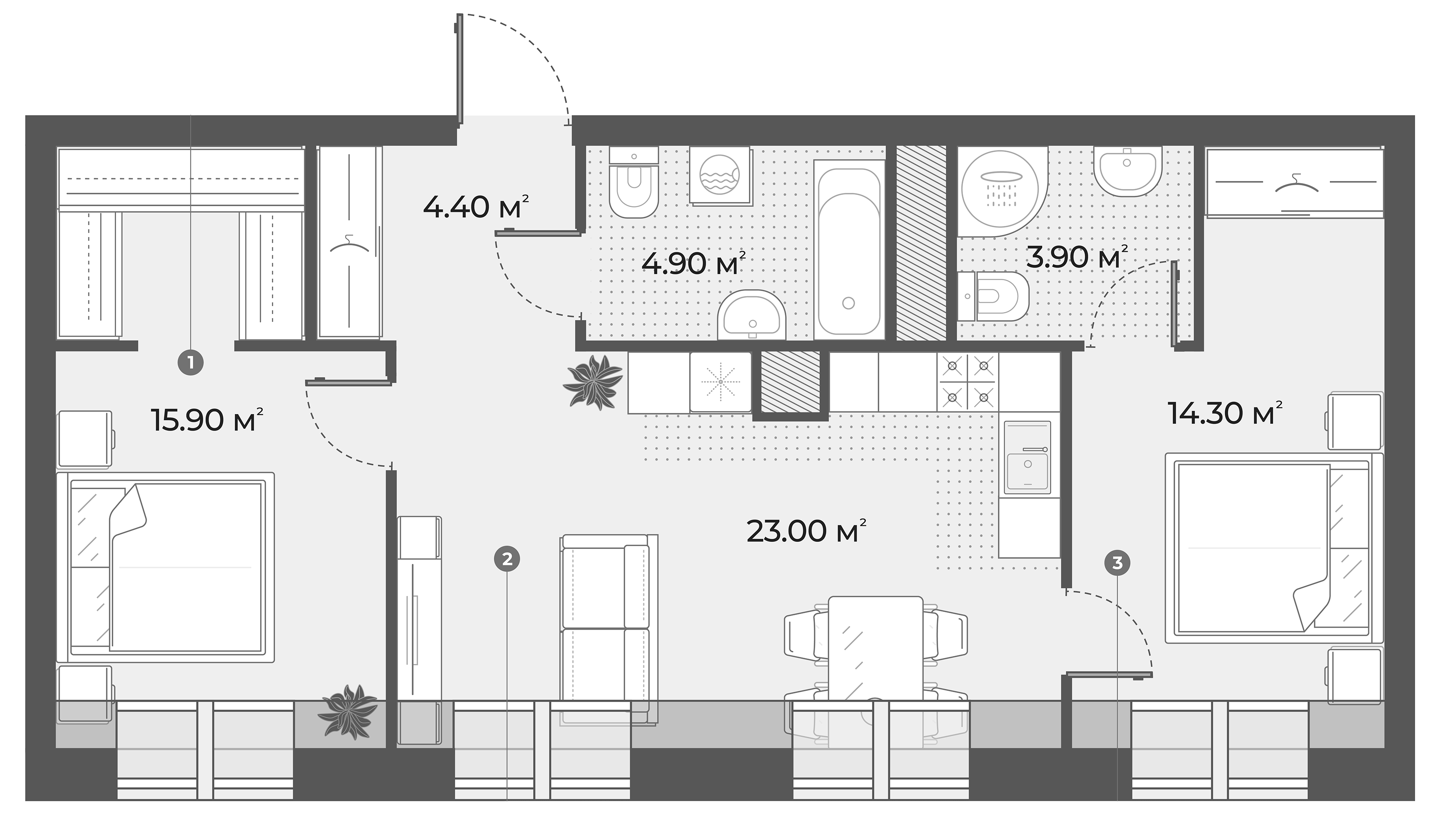 Планировка — AURA, 3-комн., 66 м²