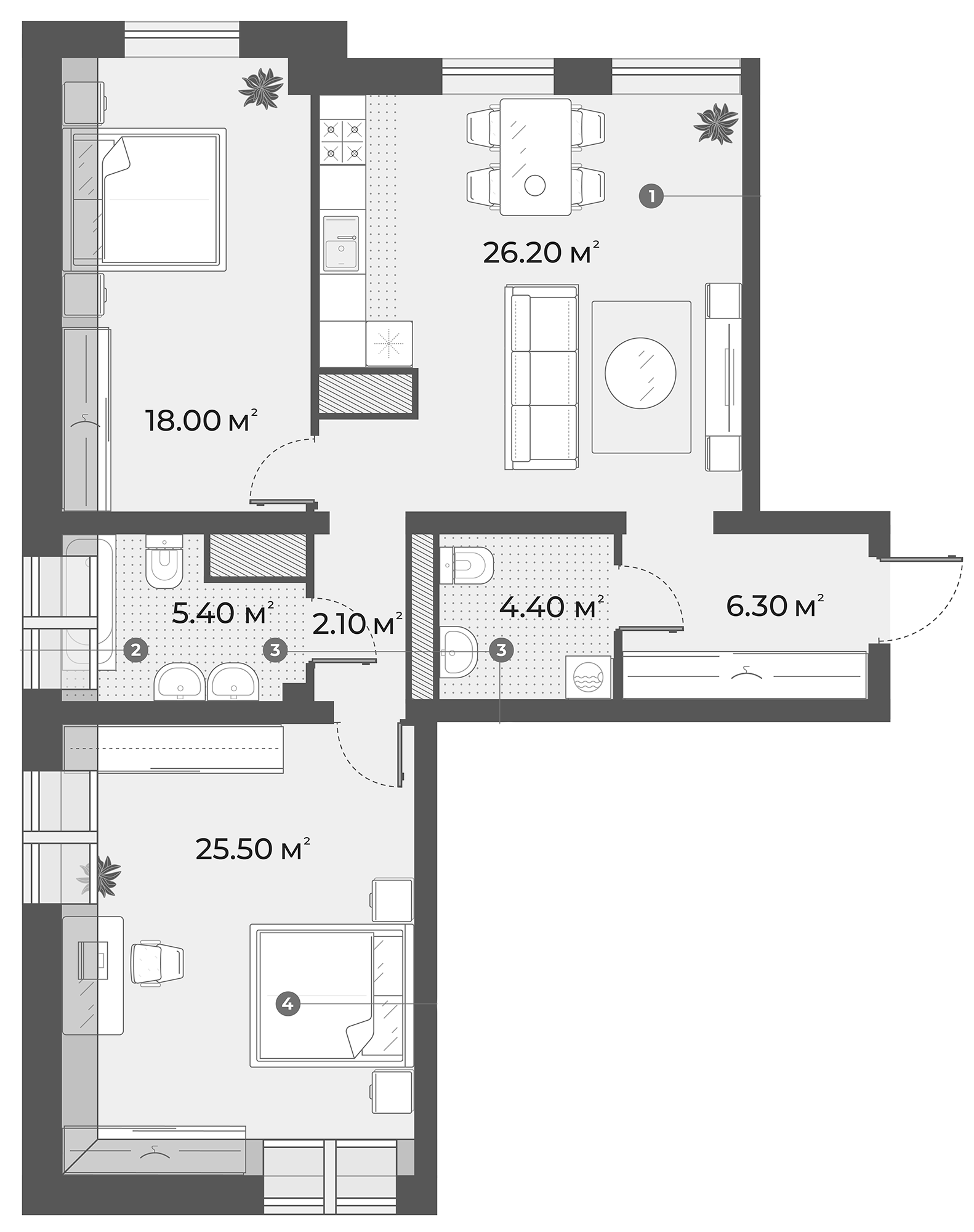 Планировка — AURA, 3-комн., 88 м²
