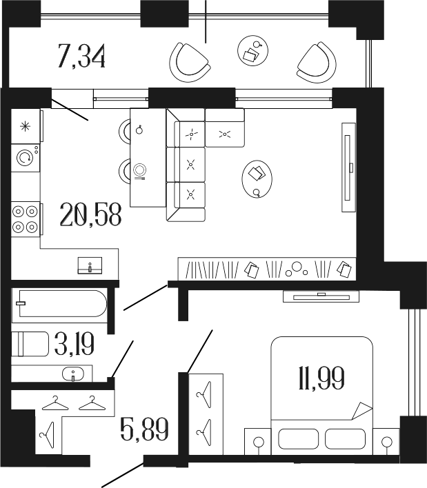 Планировка — Коллекционный дом 1919, 2-комн., 42 м²