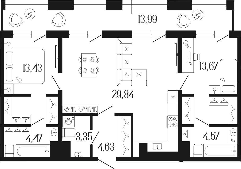 Планировка — Коллекционный дом 1919, 3-комн., 74 м²