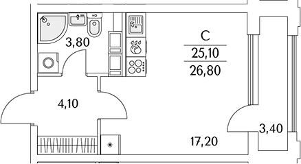 Планировка — Тайм Сквер, Студия, 25 м²