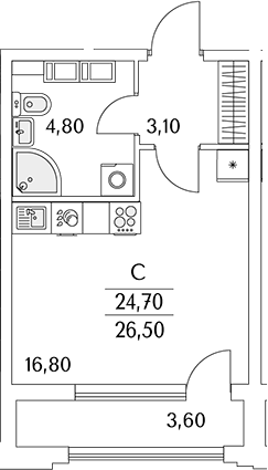 Планировка — Тайм Сквер, Студия, 25 м²