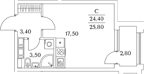 Планировка — Тайм Сквер, Студия, 24 м²