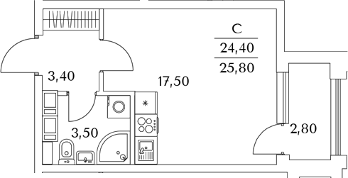 Планировка — Тайм Сквер, Студия, 24 м²