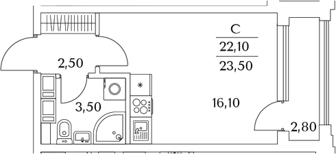Планировка — Тайм Сквер, Студия, 22 м²