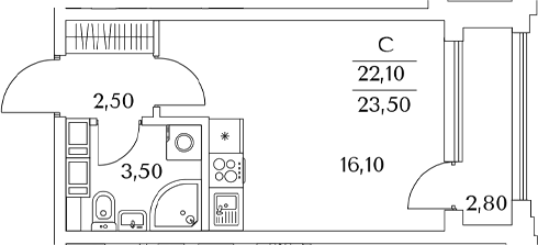 Планировка — Тайм Сквер, Студия, 22 м²