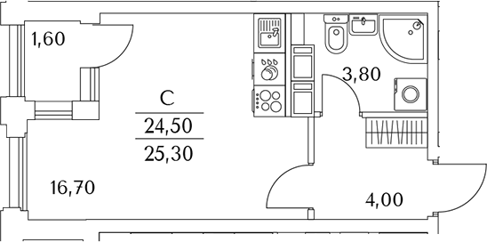 Планировка — Тайм Сквер, Студия, 25 м²