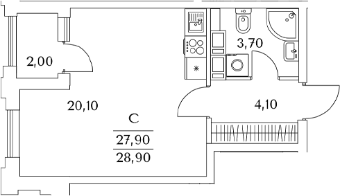 Планировка — Тайм Сквер, Студия, 28 м²