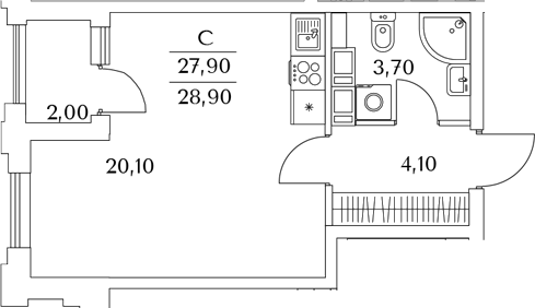 Планировка — Тайм Сквер, Студия, 28 м²