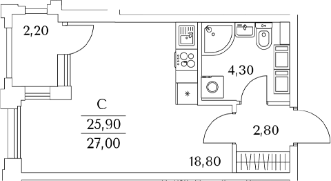 Планировка — Тайм Сквер, Студия, 26 м²