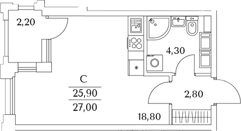 Планировка — Тайм Сквер, Студия, 26 м²
