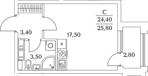 Планировка — Тайм Сквер, Студия, 25 м²