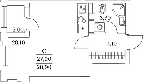 Планировка — Тайм Сквер, Студия, 28 м²
