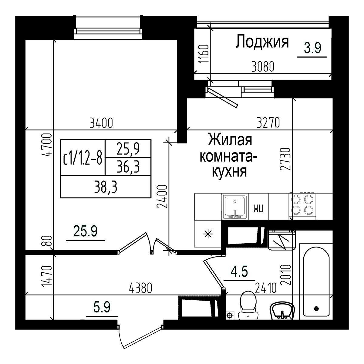Планировка — Прагма City, Студия, 36 м²