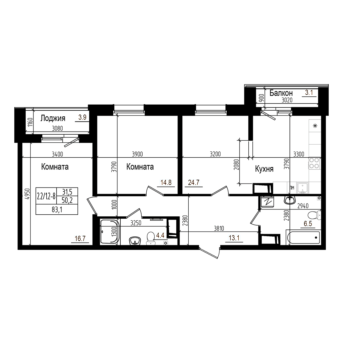 Планировка — Прагма City, 3-комн., 80 м²