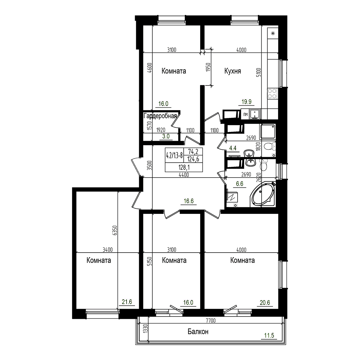 Планировка — Прагма City, 5-комн., 125 м²