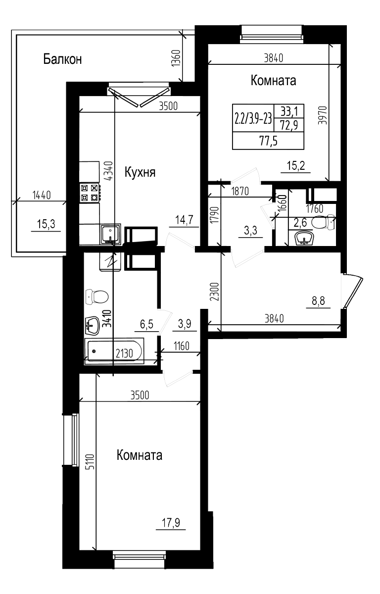Планировка — Прагма City, 2-комн., 73 м²