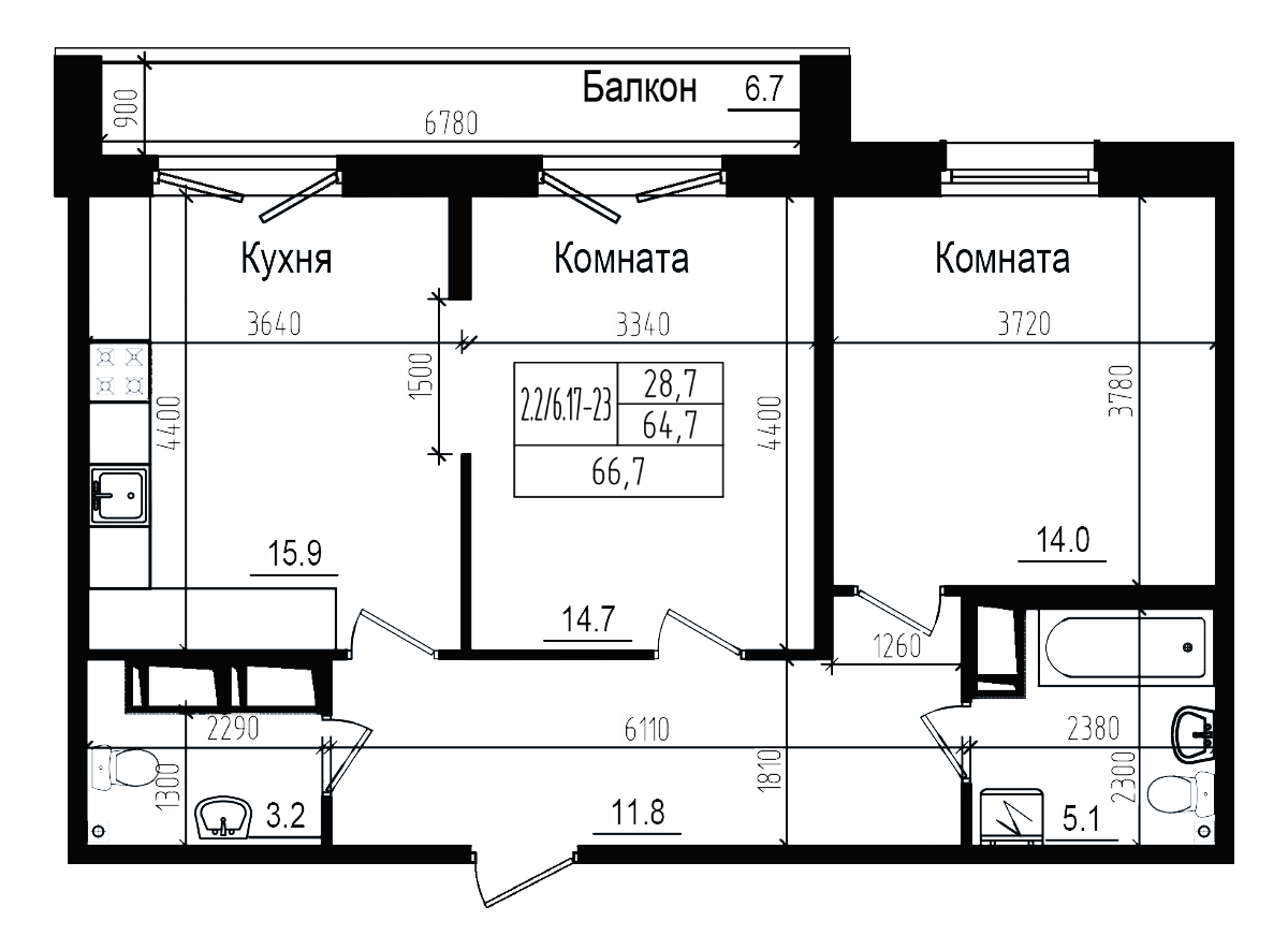 Планировка — Прагма City, 3-комн., 65 м²