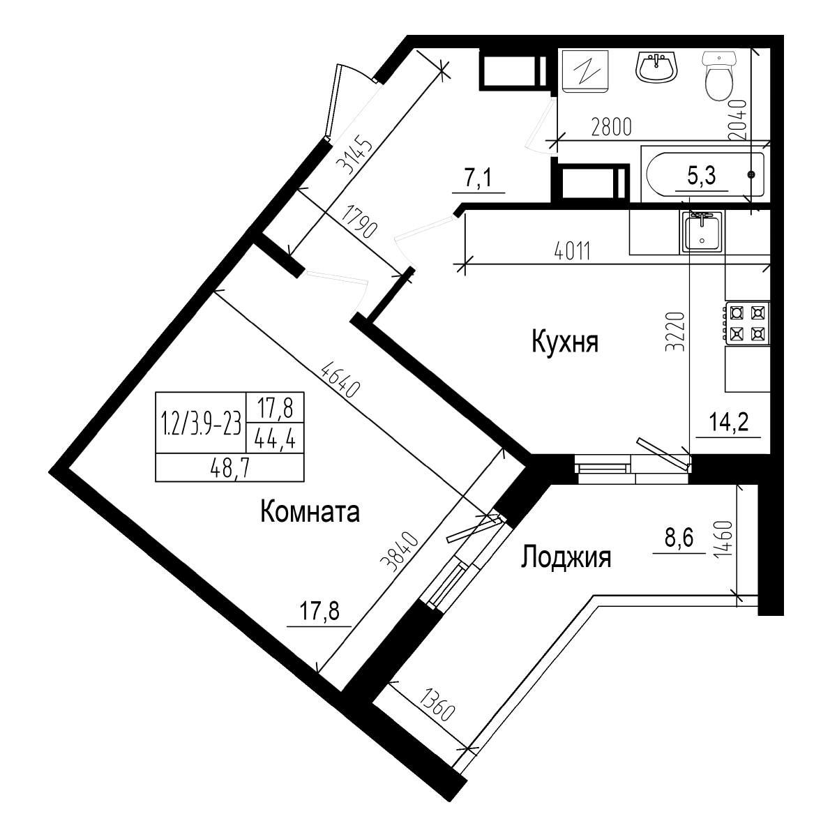 Планировка — Прагма City, 1-комн., 44 м²