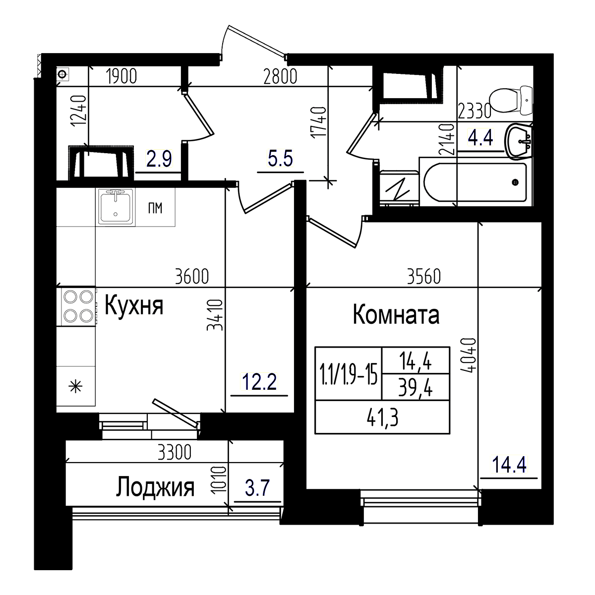 Планировка — Прагма City, 1-комн., 39 м²