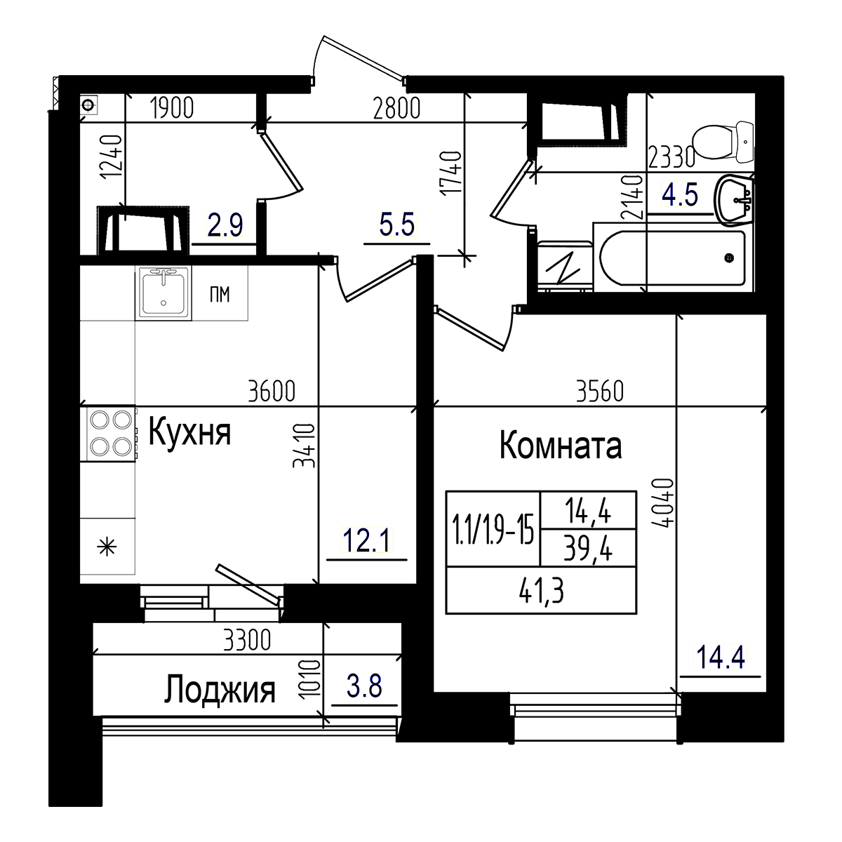 Планировка — Прагма City, 1-комн., 39 м²