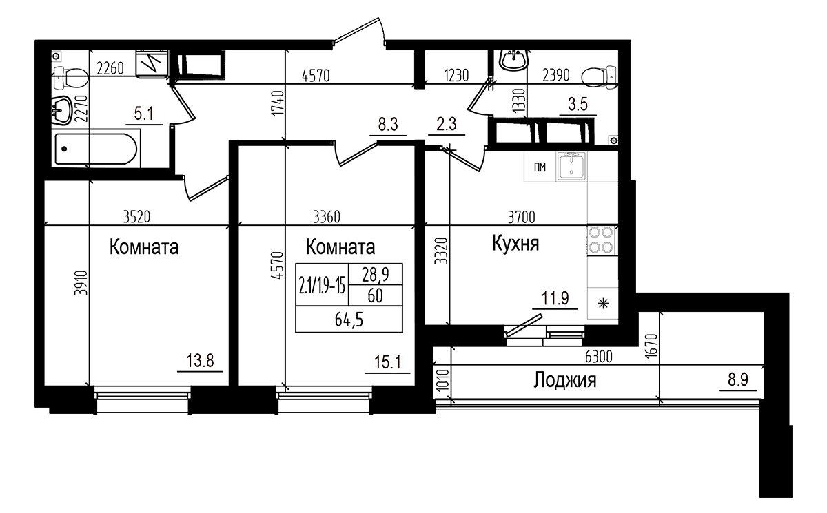 Планировка — Прагма City, 2-комн., 60 м²
