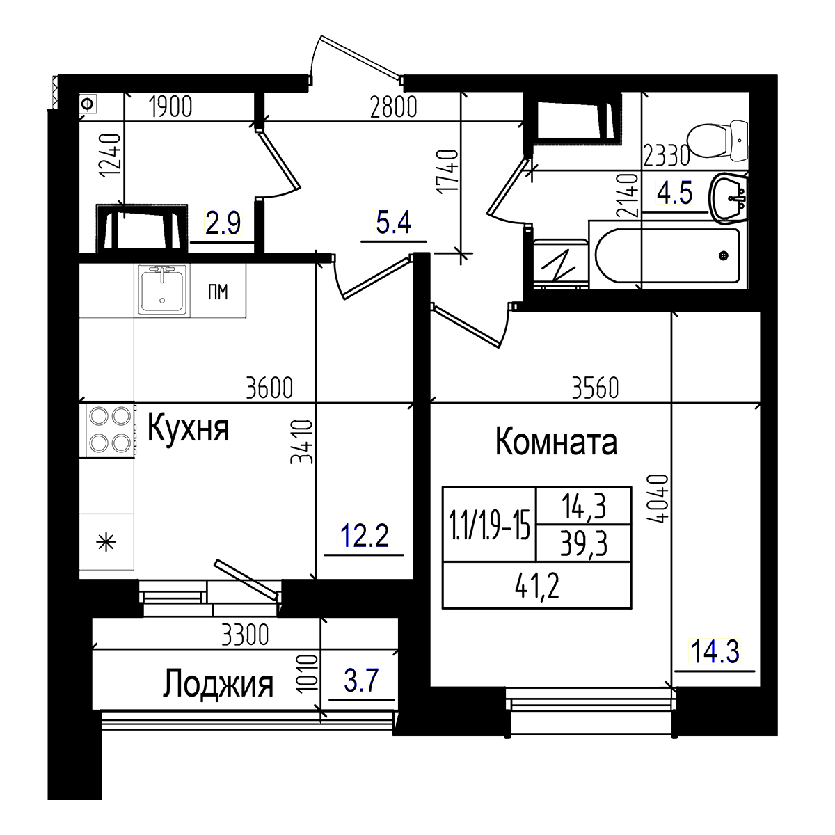 Планировка — Прагма City, 1-комн., 39 м²