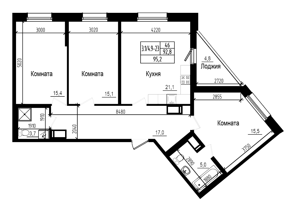 Планировка — Прагма City, 4-комн., 93 м²