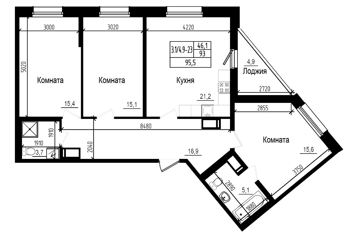 Планировка — Прагма City, 4-комн., 93 м²