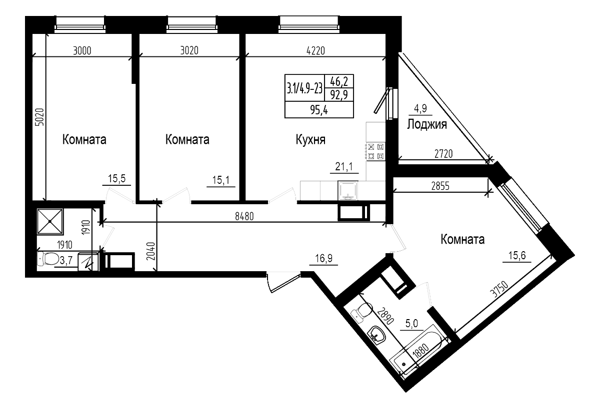 Планировка — Прагма City, 4-комн., 93 м²