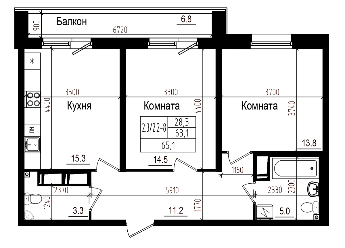 Планировка — Прагма City, 3-комн., 63 м²