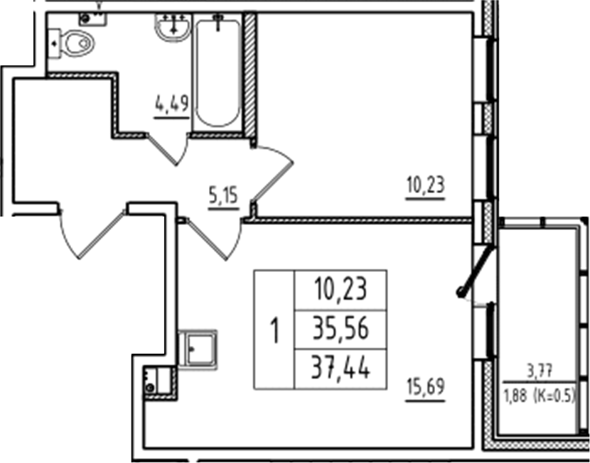 Планировка — Аэросити Club, 2-комн., 36 м²