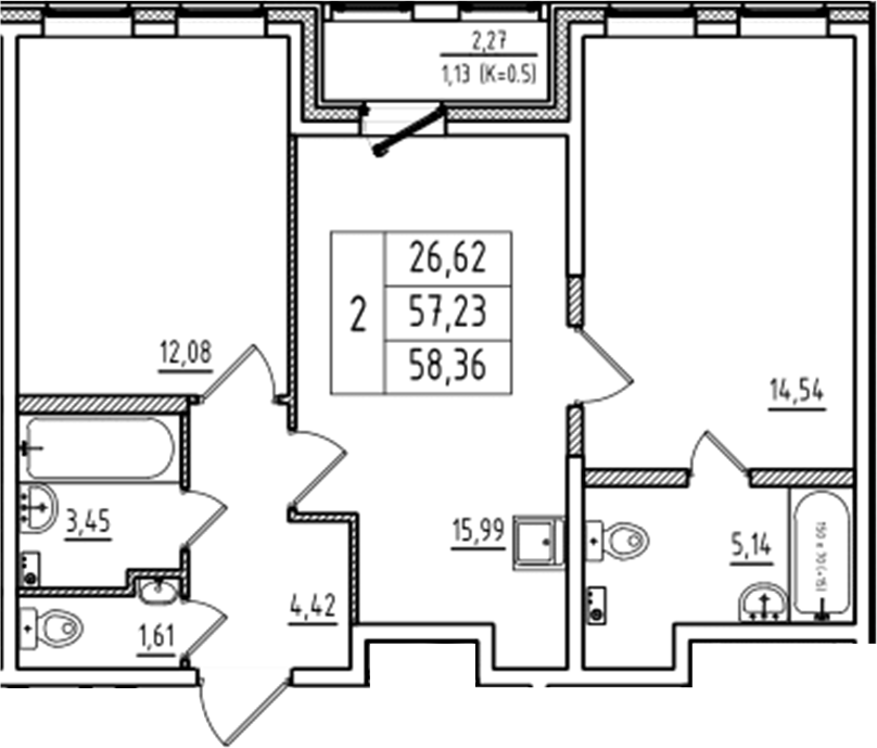 Планировка — Аэросити Club, 3-комн., 57 м²