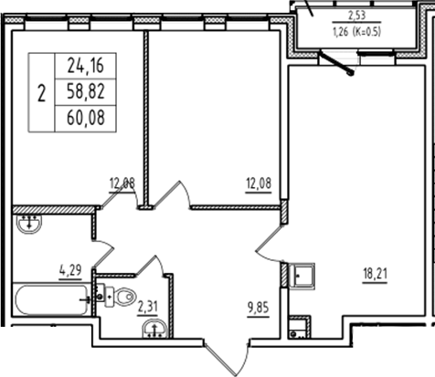 Планировка — Аэросити Club, 3-комн., 59 м²