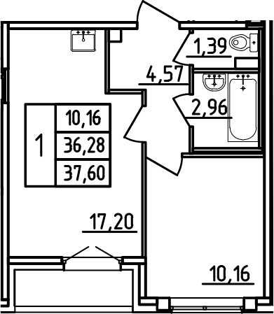 Планировка — Аэросити, 2-комн., 36 м²