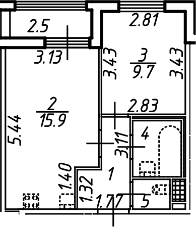 Планировка — Аэросити, 2-комн., 34 м²