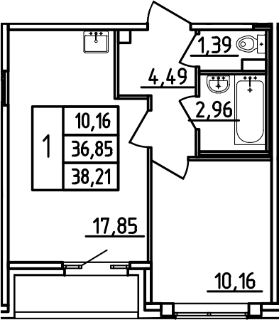 Планировка — Аэросити, 2-комн., 37 м²