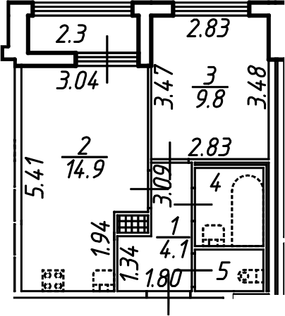 Планировка — Аэросити, 1-комн., 34 м²
