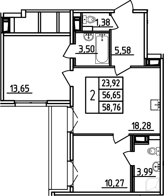 Планировка — Аэросити, 3-комн., 58 м²