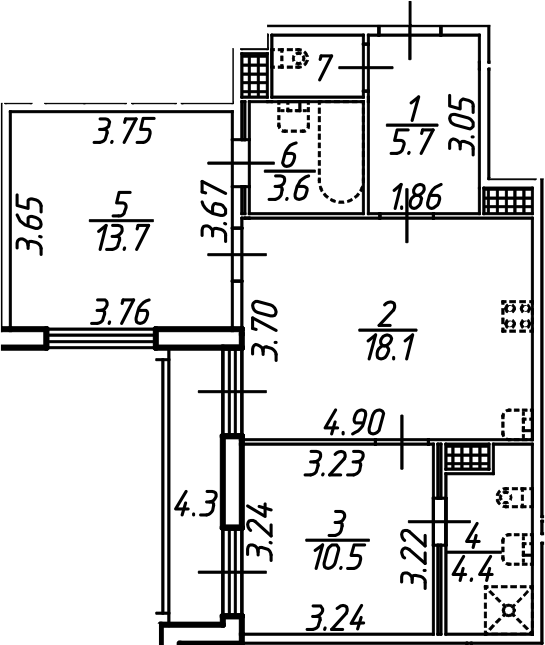 Планировка — Аэросити, 3-комн., 58 м²