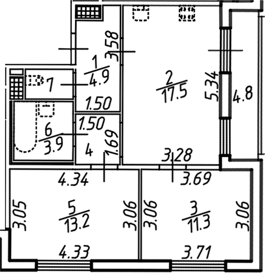 Планировка — Аэросити, 3-комн., 55 м²