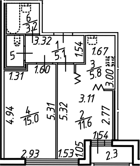 Планировка — Аэросити, 2-комн., 42 м²