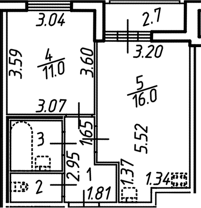 Планировка — Аэросити, 2-комн., 36 м²