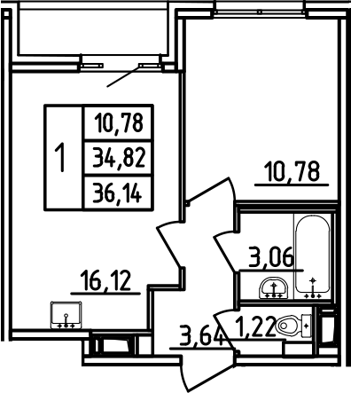 Планировка — Аэросити, 2-комн., 35 м²